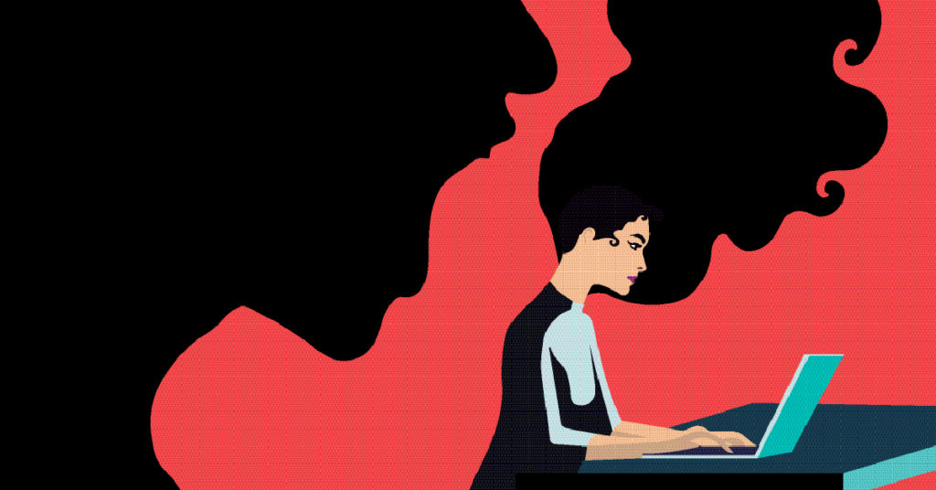 Graphic of woman using a laptop while shadow of face screams at her from behind.