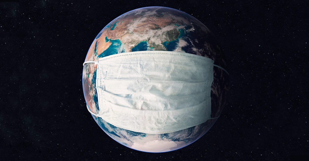 Planet Earth with a COVID-19 face-mask