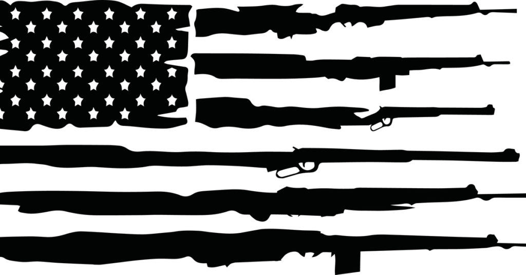 Graphic of a black and white US flag, where the stripes are made up of silhouettes of rifles.