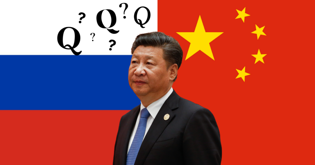 Xi Jinping in front of Russian and Chinese flags with the letter Q and question marks placed on the top left