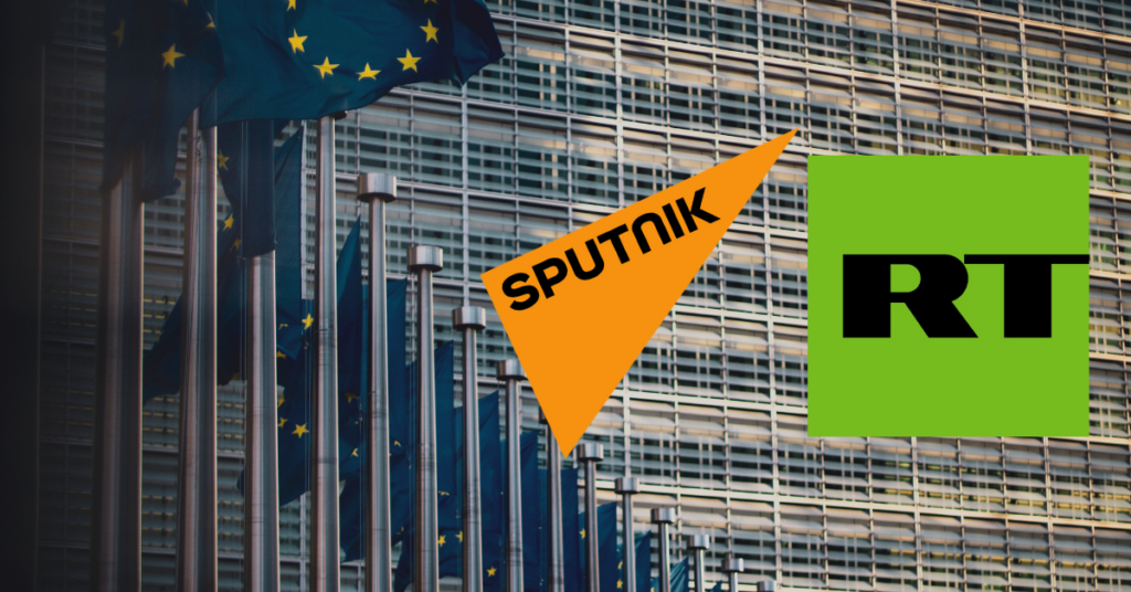 EU flag with Sputnik and RT logos