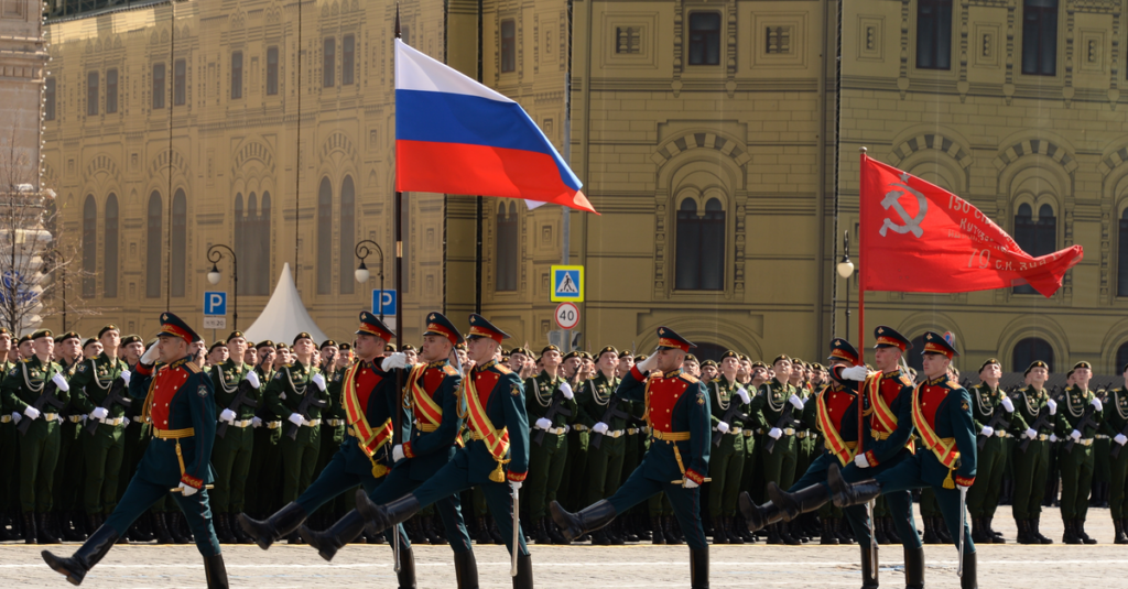 Photo of Russian soldiers marching at Victory Day