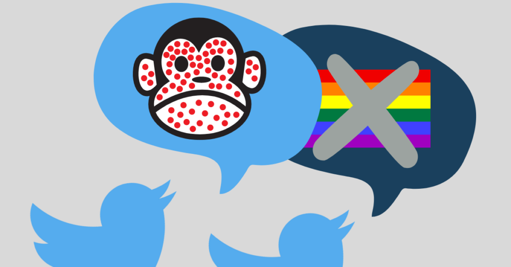 Graphic of Twitter bird with Monkey Pox and anti-LGBTQ images