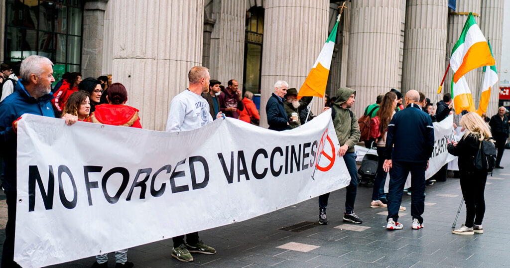 Dublin, Ireland - September 19, 2020: Anti-Mask Protester Outside of the GPO Museum