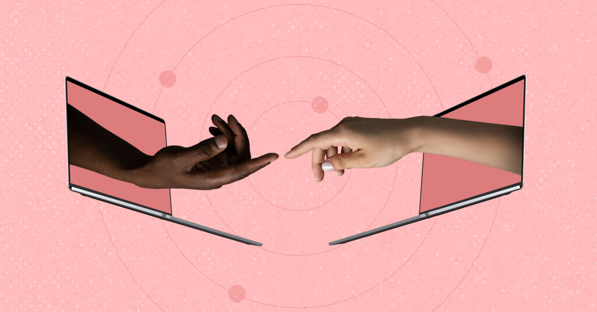 Two hands reaching out of laptop screens to touch each other