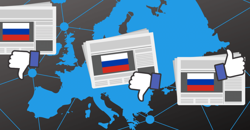 Graphic of map of Europe with newspapers with Russian flag