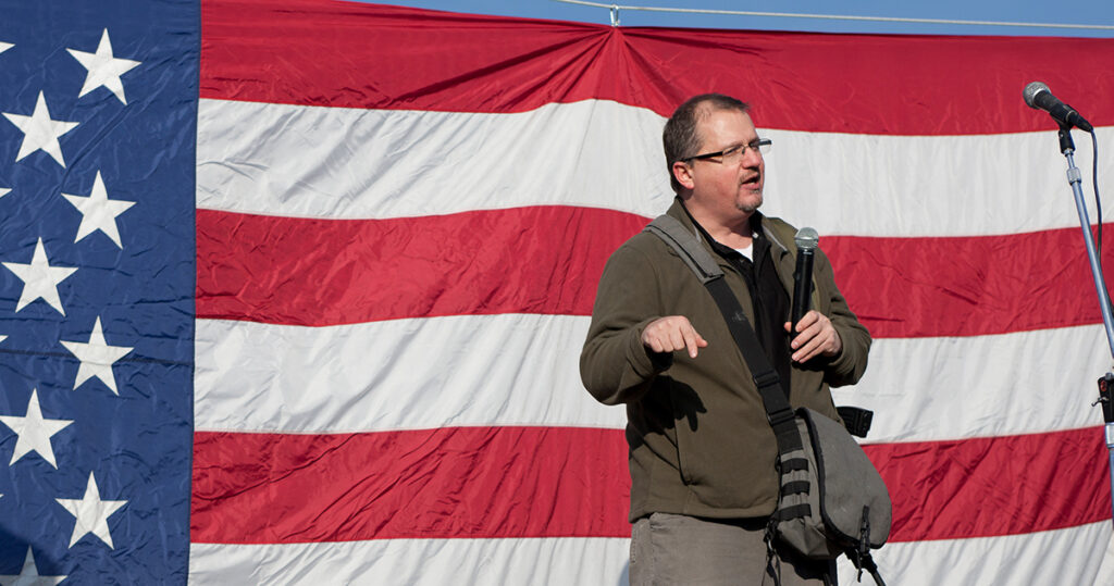 Stewart Rhodes, founder of Oath Keepers, speaks to the crowd during the pro 2nd amendment rally in Coeur d'Alene, Idaho on January 19, 2013.