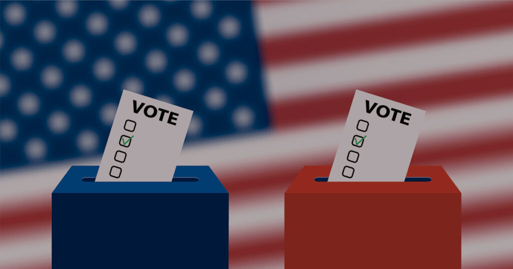 Generic image of ballot boxes in front of an American flag.