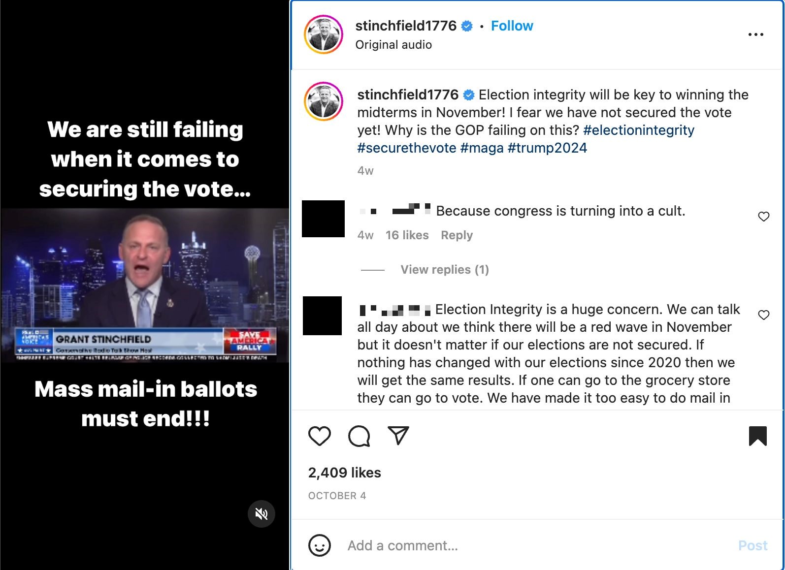 An Instagram Reel promoting conspiracy theories about mail-in ballots.