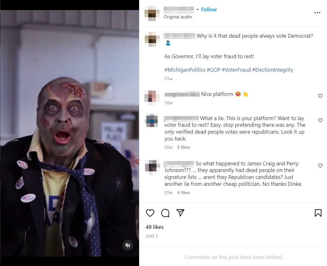 Instagram Reels amplifyin the "dead voters" conspiracy.