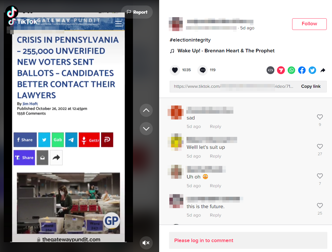 A screenshot of a TikTok under the hashtag #electionintegrity spreading claims about midterms in Pennsylvania, unlabelled by the platform