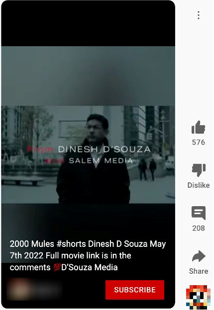 A YouTube Short depicting the Dinesh D'Souza film 2000 Mules, linking to the full movie in the comments.