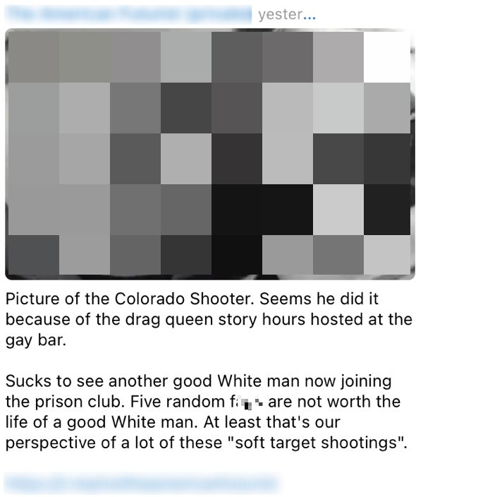 An accelerationist neo-Nazi group celebrates the Colorado Springs attacker