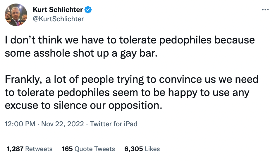 Kurt Schlichter tweets in the aftermath of the mass shooting at Club Q