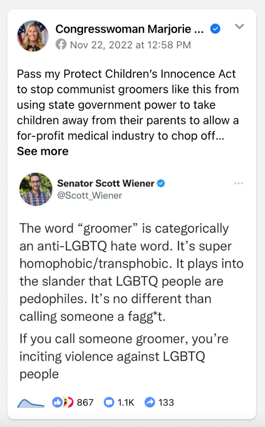 An example of a Facebook post referring to LGBTQ+ people as 'groomers', written by Congresswoman Marjorie Taylor Greene