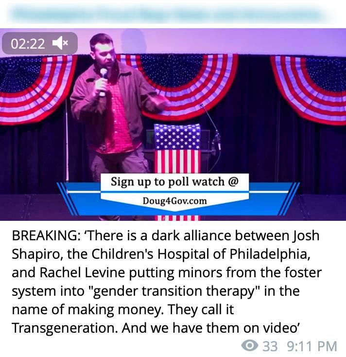 A Telegram channel used by Philadelphia members of the Proud Boys hate group shares a video clip of far-right influencer Jack Posobiec making an anti-LGBTQ smear at a rally for former Pennsylvania gubernatorial candidate Doug Mastriano.