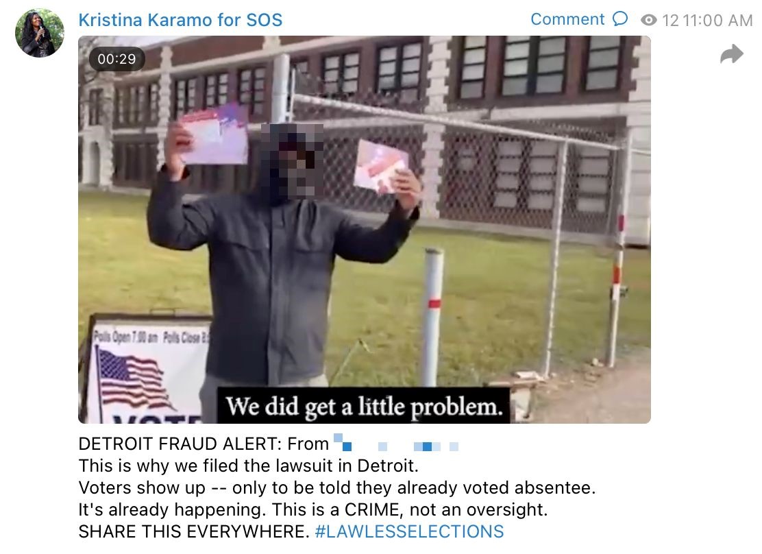 Former Michigan secretary of state candidate Kristina Karamo tells her Telegram followers that polling place errors in Detroit were a “CRIME.”