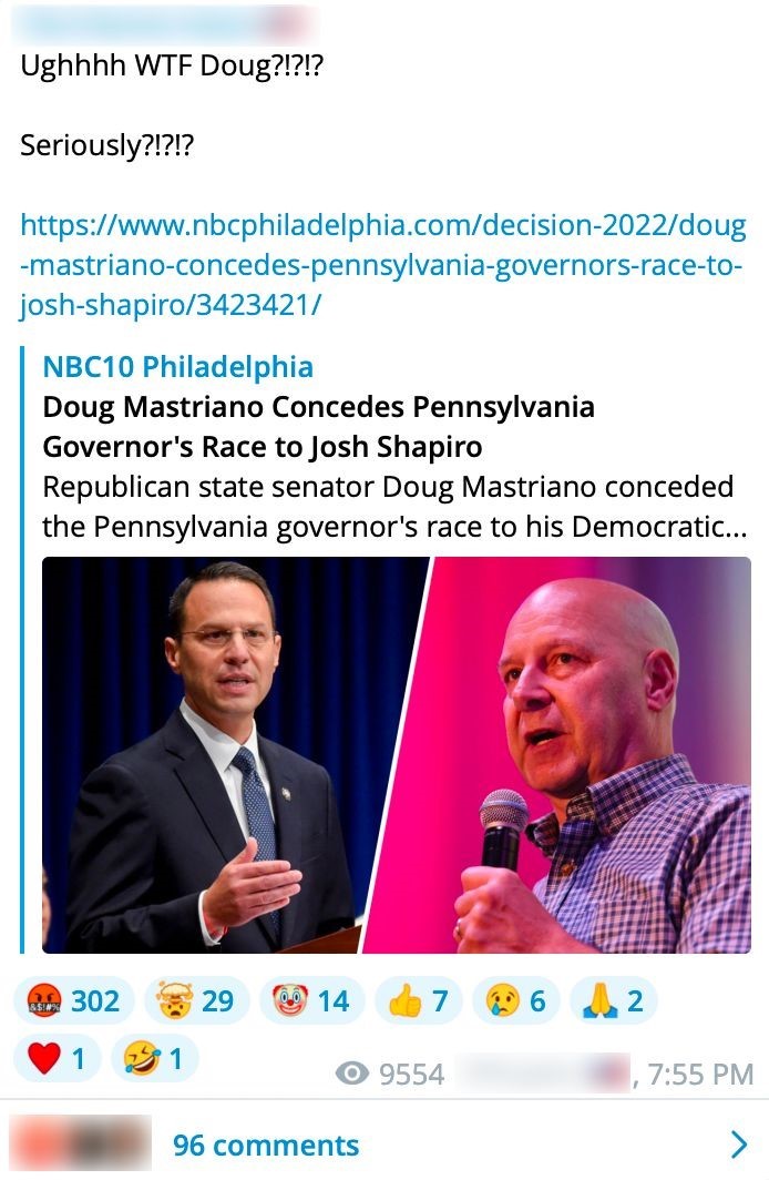 A Telegram user reacts to news of former Pennsylvania gubernatorial candidate Doug Mastriano’s concession to Governor-elect Josh Shapiro with angry rhetoric.