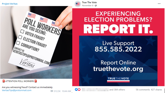 Project Veritas and True the Vote put out calls for their followers to report “election fraud.” The Project Veritas post was viewed 312.5k times on Telegram at the time of writing.