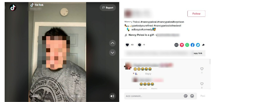 Figure 1: Example of a TikTok video featuring sexual content in the audio targeting Nancy Pelosi. 