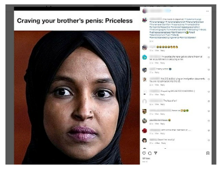 Figure 5: Example of an Instagram post targeting Ilhan Omar with gendered disinformation and sexual content. 