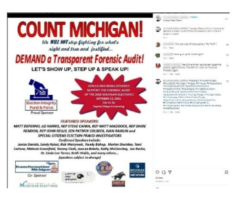 Figure 7: Instagram post with a flyer for a rally in Michigan asking for a ‘Forensic audit of 2020 election’. This post was recommended on Instagram under the hashtag #gretchenwhitmerisatyrant