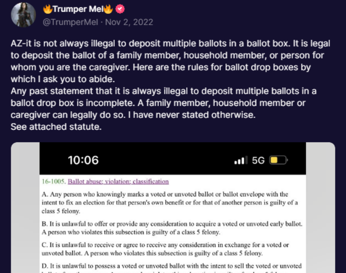 Figure 1: Melody Jennings, who posts on Truth Social as ”TrumperMel,” corrects election misinformation she spread as part of an agreement following lawsuits against her and other vigilante ballot drop box monitors.