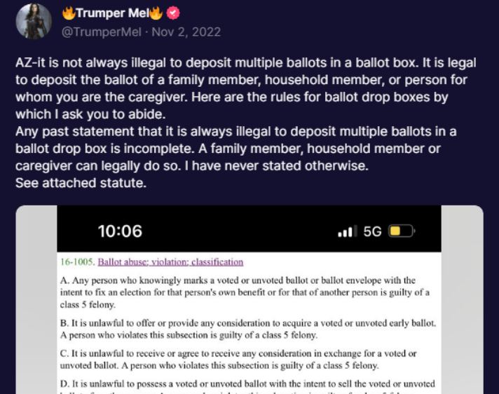 Figure 1: Melody Jennings, who posts on Truth Social as ”TrumperMel,” corrects election misinformation she spread as part of an agreement following lawsuits against her and other vigilante ballot drop box monitors. 