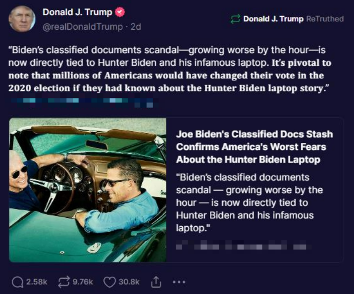 Figure 2: Former President Donald Trump continues to use his online presence to assert myriad conspiracy theories and wrongly insist the 2020 election was rigged against him.