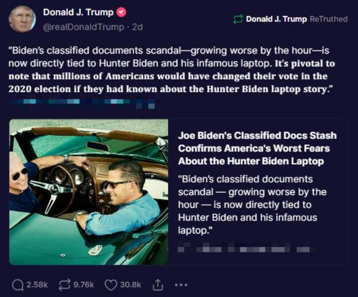 Figure 2: Former President Donald Trump continues to use his online presence to assert myriad conspiracy theories and wrongly insist the 2020 election was rigged against him. 