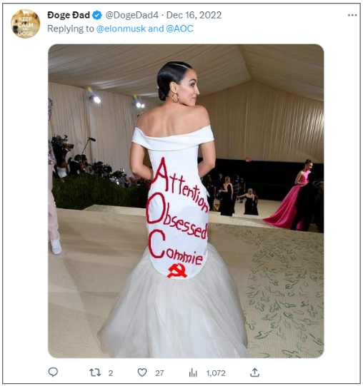 Figure 6: A user’s response to Musk and Ocasio-Cortez’s Twitter interaction. The user follows Elon Musk but not Ocasio-Cortez.