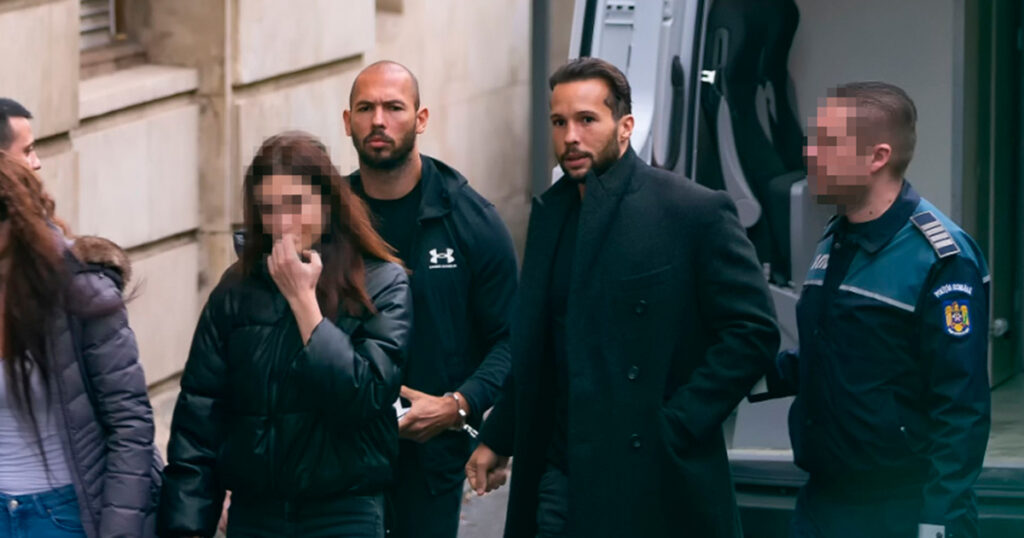 Bucharest, Romania - January 10, 2023: Andrew Tate and his brother Tristan arrived in handcuffs at the Bucharest Court of Appeal for their appeal against the 30-day arrest for human trafficking.