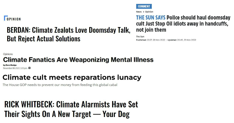 Screenshots 1: Sample headlines of the ‘climate hysterics’ narrative.  