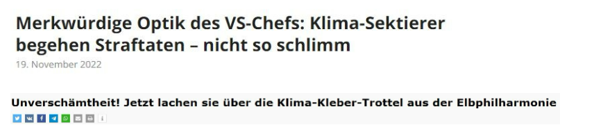 Screenshots 3: Sample headlines of the ‘climate hysterics’ narrative (Translations: ‘Strange optics of [Intelligence Service] chief: climate sectarians commit crimes - not so bad’; ‘Outrage! Now they laugh at the climate gluer fools from the Elbphilharmonie’). 