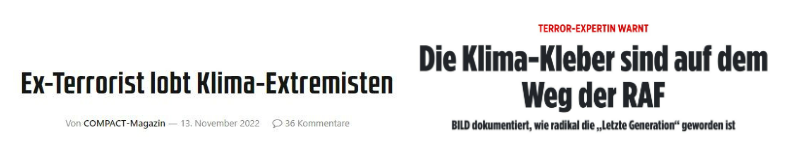 Screenshots 5: Sample headlines of the ‘climate terrorists’ narrative (Translations: “Ex-terrorist praises climate extremists”; “Climate gluers are on the way to RAF”).