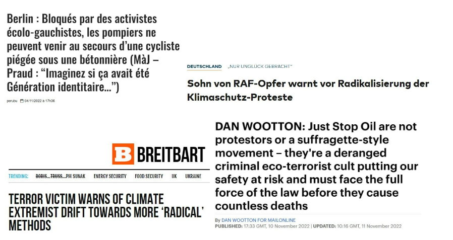 Screenshots 7: Sample headlines of the ‘climate terrorists’ narrative (Translations: “Son of RAF victim warns of radicalisation of climate protests”; “Berlin: Blocked by eco-left-wing activists, firefighters cannot come to the rescue of a cyclist trapped under a concrete mixer truck (Update - Praud: Imagine if it had been Génération identitaire”).