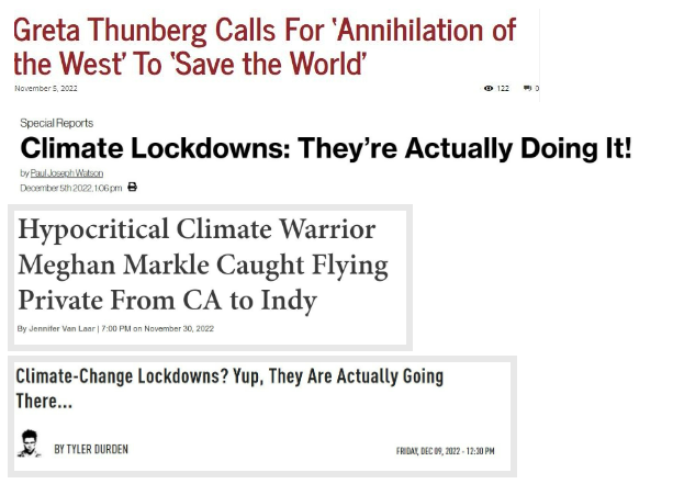 Screenshots 9: Sample headlines of the ‘climate elites’ narrative.