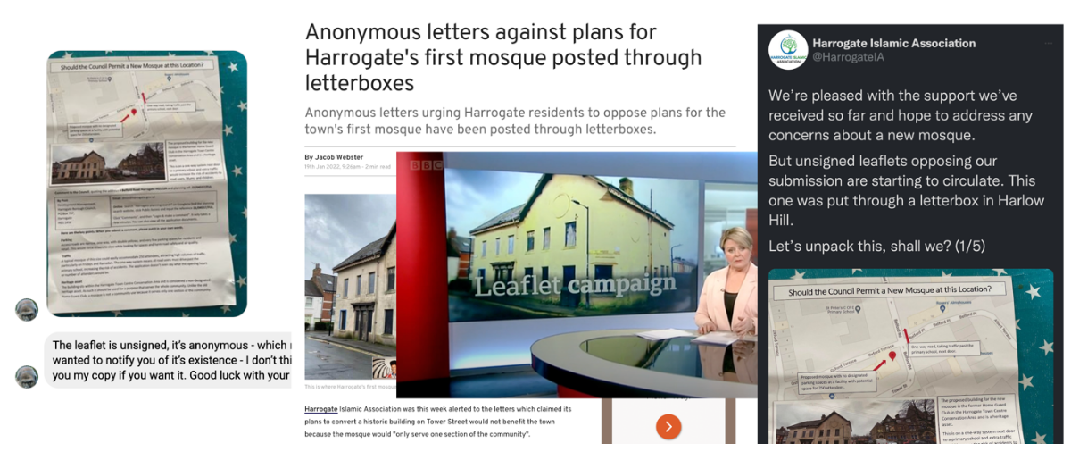 Figure 5: News coverage, private communication, and social media posts following a leaflet campaign coordinated with online anti-mosque activists.