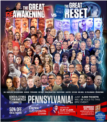 Figure 2: A poster advertising the October 2022 stop of the ReAwaken America tour, featuring event headliners.  