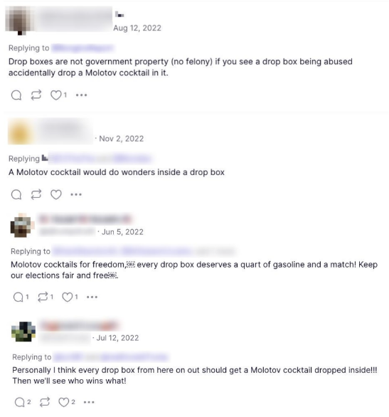 Figure 3: A collection of comments advocating for the destruction of ballot drop boxes on Truth Social.  