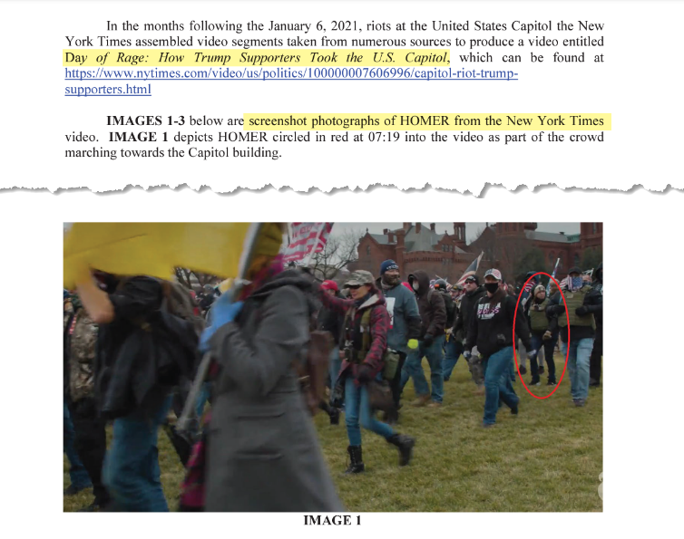 Figure 1. Statement of facts in US v. Lisa Anne Homer citing the New York Times visual investigation “Day of Rage.” Source: US Department of Justice. 