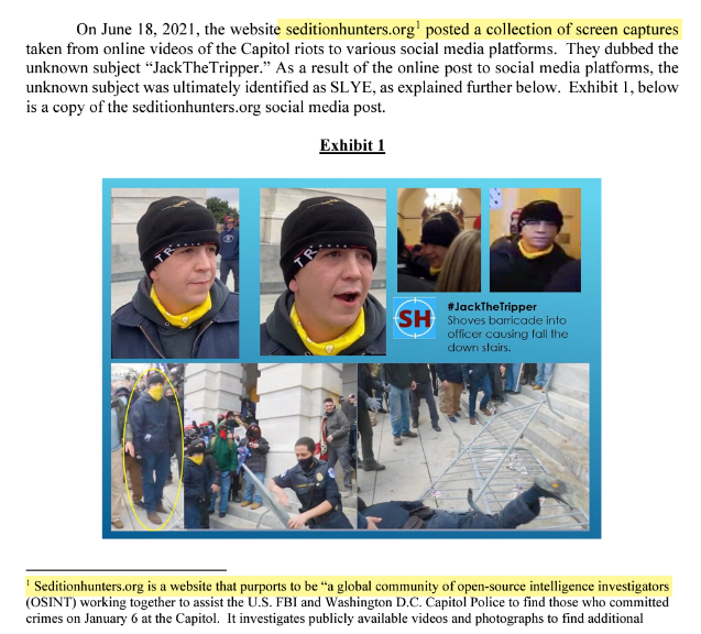 Figure 2. Statement of facts in US v. Mikhail Edward Slye citing open-source research by Sedition Hunters. Source: US Department of Justice. 