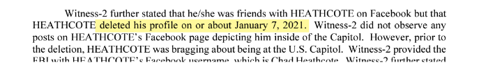 Figure 3. Statement of facts in US v. Chad Heathcote stating that suspect deleted their Facebook profile immediately after January 6, 2021. Source: US Department of Justice. 