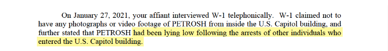 Figure 4. Statement of facts in US v. Robert Lee Petrosh stating that suspect was “lying low” after January 6, 2021. Source: US Department of Justice. 