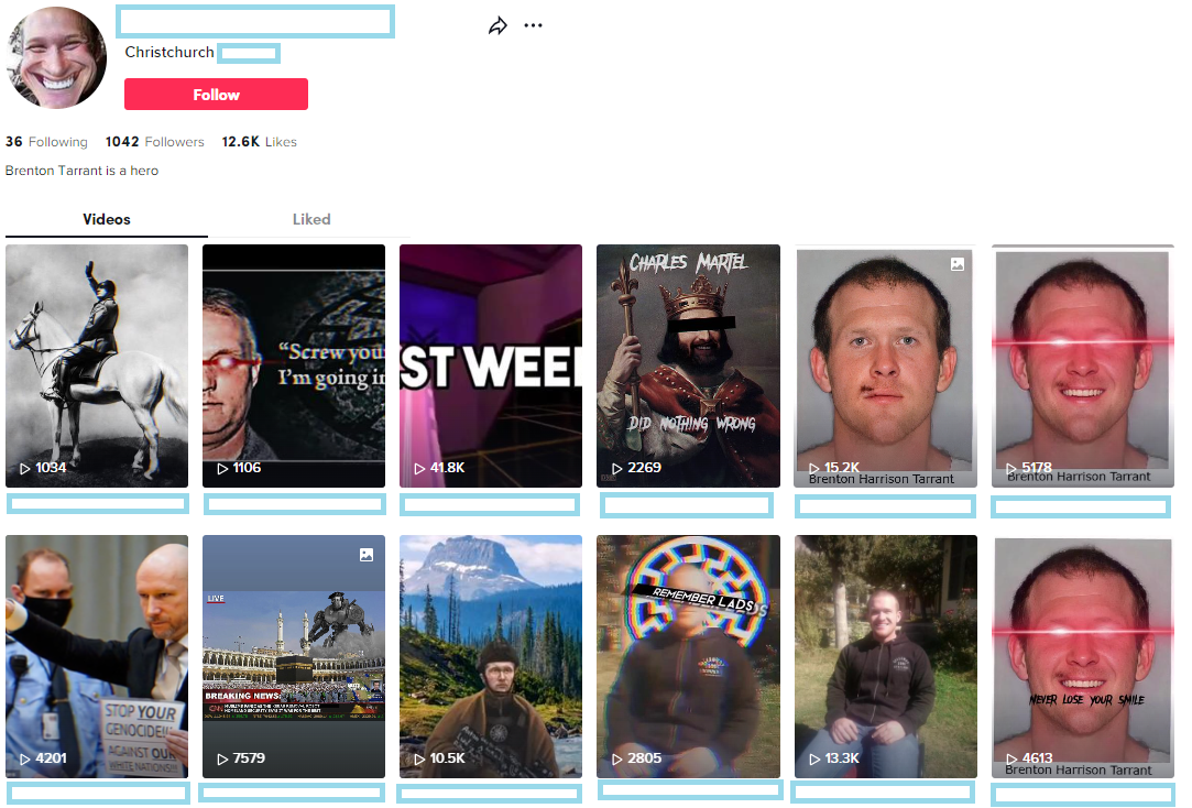 TikTok account featuring image and reference to Tarrant in its profile, along with various supportive content of Tarrant and other terrorists throughout its posts.