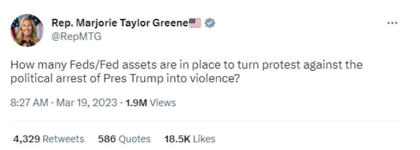 Figure 1: Rep. Marjorie Taylor Green posts a rhetorical question on Twitter, wondering whether “Fed assets” are in place to produce violence at pro-Trump protests.