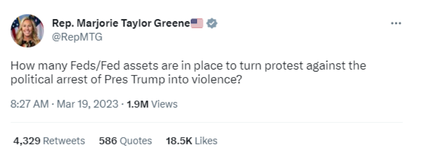 Figure 1: Rep. Marjorie Taylor Green posts a rhetorical question on Twitter, wondering whether “Fed assets” are in place to produce violence at pro-Trump protests. 