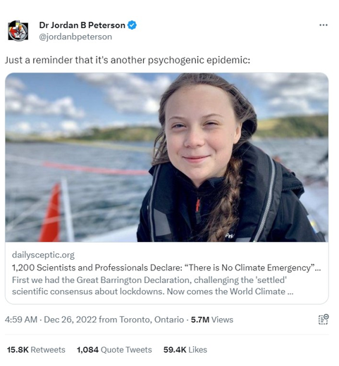 Figure 2: Tweet by Jordan Peterson linking to an article about the ‘World Climate Declaration’.