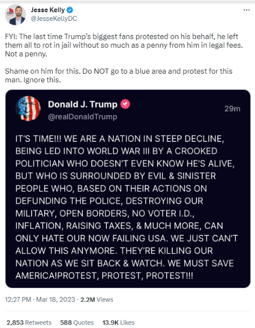 Figure 3: Conservative commentator Jesse Kelly tweets that Trump left his followers “to rot in jail without so much as a penny from him in legal fees” after the Capitol riot and discouraged protests on Trump’s behalf.