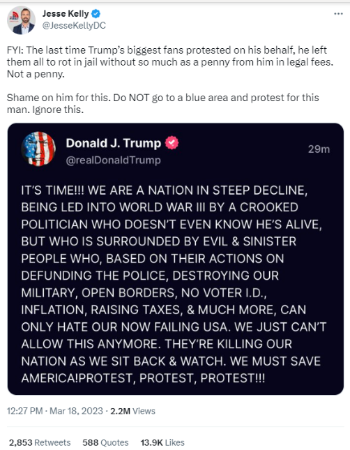 Figure 3: Conservative commentator Jesse Kelly tweets that Trump left his followers “to rot in jail without so much as a penny from him in legal fees” after the Capitol riot and discouraged protests on Trump’s behalf. 